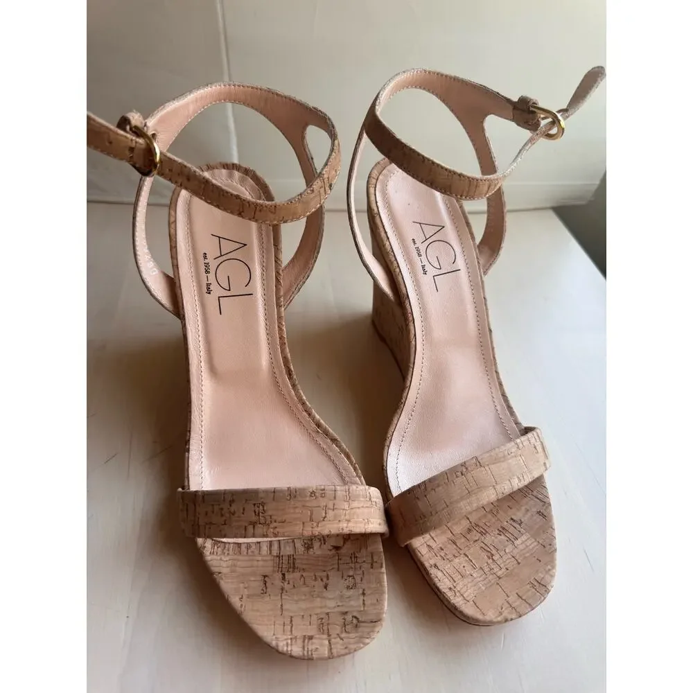 AGL Demi Tan Leather Cork Wedge Platform Ankle Strap Sandals EU 40 US 10